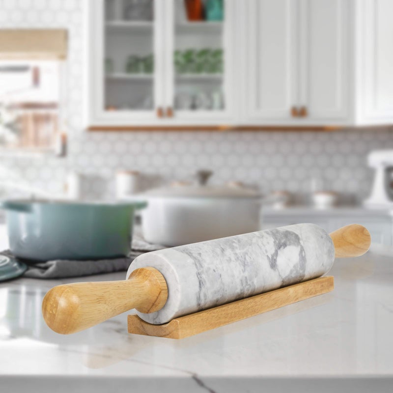Creative Home Natural Marble Rolling Pin with Wooden Handles and Cradle, 18-Inch rolling pins for baking, Heavy Cool Surface, Dough Roller for Pastry, Pie, Pizza, Cookies, Off white - Image 2